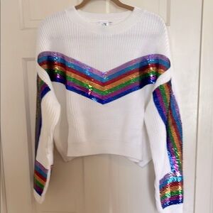 Queen of Sparkles White Sweater with Rainbow Sequin Stripes ~ MEDIUM